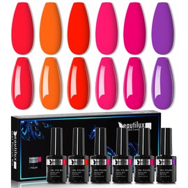 beautilux Red Orange Gel Nail Polish, 6 Colors 10ml Red Hot Pink Orange Purple Soak Off Gel Nail Polish Kit for Nail Art Starter Manicure Salon