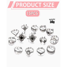 LEEQBCR Set of 15 Vintage Silver Punk Rings Set, Punk Grunge Vintage Rings, Stackable Gothic Rings Set, Finger Rings, Boho Y2K Accessories, Jewellery