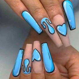 Foccna Comic Blue Press on Nails Extra Long, Acrylic Fake Nails Coffin Cartoon LOVE False Nails,Artificial Nails for Women and Girls, 24 pcs