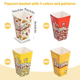 Zimoer 20 Pieces Popcorn Bags, Popcorn Boxes, Classic Popcorn Containers, 28 oz Candy Bags, Party Bags Set, 4 Different Designs, for Parties, Family Celebration, Cinema, Easy to Fold