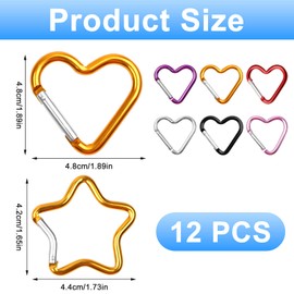 12 Pcs Colourful Carabiners, Star Carabiner And Heart Carabiner, Buckles Carabiner In Aluminum Alloy, Carabiner Keyring Clip For Camping, Hiking, Traveling, Fishing, Backpack