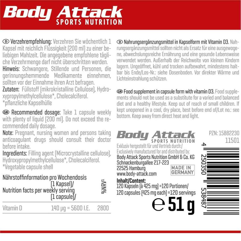 Body Attack Vitamin D3 + K2 Depot, 120 Capsules -