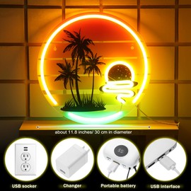 Glooglitter Tropical Neon Sign 11.8 Inch Palm Tree Sunset Neon Light for Wall Decor Colorful LED Light up Bar Signs for Bedroom Bar Beach Theme Restaurant Party Decor Gift