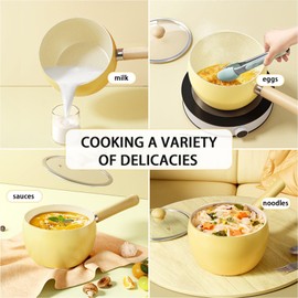 Soup Pan with Lid, 6.3 Inch Ceramic Coating Cooking Pot Saucepan with Wooden Handle, Healthy Milk Pot Cookware Suitable for Multiple Stoves (Yellow)