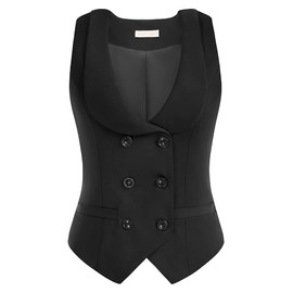 Belle Poque Women's Vest with Curved Lapel, V-Neck, Checked Vest with Two Pockets, Geometric Hem, Plain Jacket, BP0150A21-02