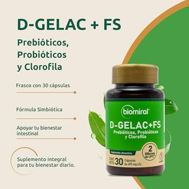 Biomiral D-Gelac + FS - Suplementos Alimenticios - Probióticos y Prebióticos - Clorofila, Fibra Y Lactobacilos - 30 Cápsulas 495 mg c/u - 2 Billones de UFC - Libre de OGM