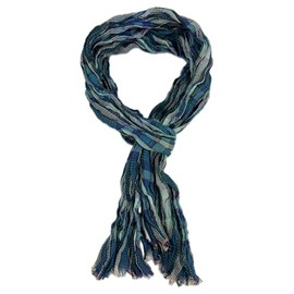 Rotfuchs Lightweight Cotton Scarf Women's Scarf Men's Scarf Crinkled Look Checked Pattern in Petrol Blue Red Made in Germany, Green Blue White