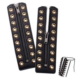 PH PandaHall 2pcs Cowhide Leather Lace-in Boot Zipper Inserts, 6.8 x 2 Inch Eyelets Zipper Boot Laces Black 9 Holes No Tie Shoe Laces for Adult Tieless Shoe Sneakers Laces Repair DIY, Antique Bronze