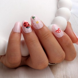 3D Nature Press On Nails Short Oval 24PCS Cute Fake Nails with Butterfly, Ladybug, Mushroom & Flower Art, Pink Glossy Acrylic Stick On Nails with Glue Kit for Girls & Women