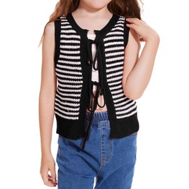 CharmWM Girls Sweater Vest Kids Casual Sleeveless Crochet Tops Color Block Tie Back Knit Tank Tops Black