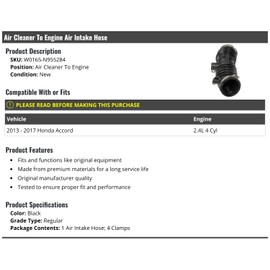 Marketplace Auto Parts Air Intake Hose - Air Cleaner To Engine - Compatible with 2013-2017 Honda Accord 2.4L 4-Cylinder