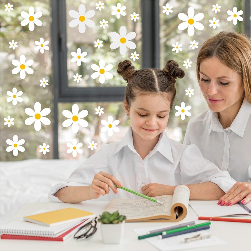 White Daisy Window Clings, 96 Pieces, 8 Sheets, Spring Flower