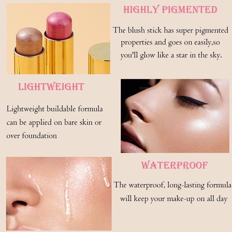 Cream Blush Stick,Cream Contour Stick,3-in-1 Cheek Blush & Lip Tint