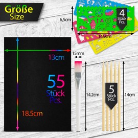 Scratch Picture Set for Children and Adults, 55 Sheets, Rainbow Scratch Paper for Drawing and Crafts, with Stencil Rulers, Wooden Pens, Stickers and Brushes, 13 x 18.5 cm