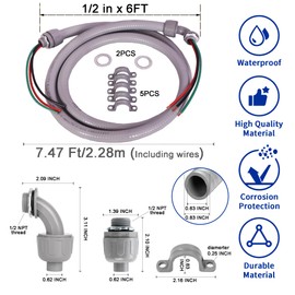 (1/2" Dia * 6 Feet with Wire) Yariwiz Flexible Electrical Conduit Liquid Tight PVC Conduit Kit with 3-Conductor 10 Gauge AWG Wires, Sealtight Seal Flex Liquidtight Wire Outdoor Non Metallic Grey