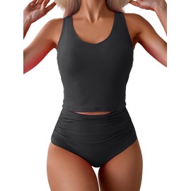Eomenie Two Piece Tankini Swimsuits for Women Tummy Control Bathing Suits Cutout Back Swim Tank Top with High Waisted Bottom Black