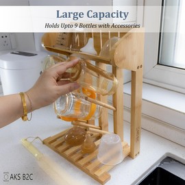 AKS B2C Bamboo Baby Bottle Drying Rack, Vertical Space Saving Kitchen Organizer, 9 Bottle Capacity, Countertop Storage Holder and Bottle Dryer with Draining Base (Comes with a Free Cleaning Brush)