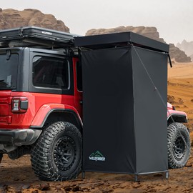 Wildfinder Vehicle Side Shower Awning with Roof, 3.3ft x 3.3ft Portable Shower Tent, Car Side Outdoor Shower Enclosure, Built-in LED Light for Night, Camping Privacy Shelter Bathroom