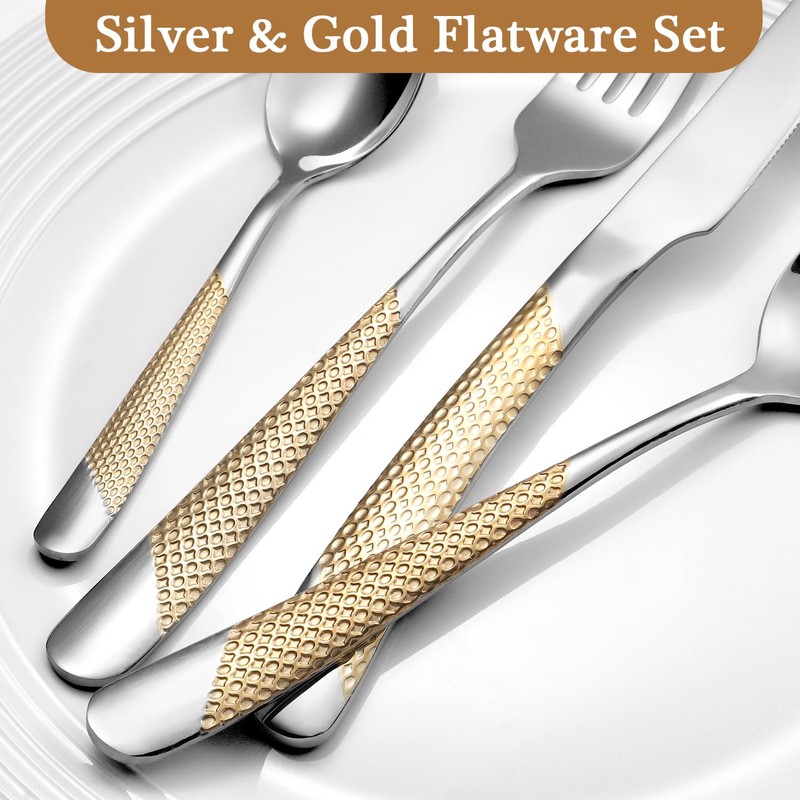 24 Piece Gold Hammered Silverware Set for 6, Premium Food-grade