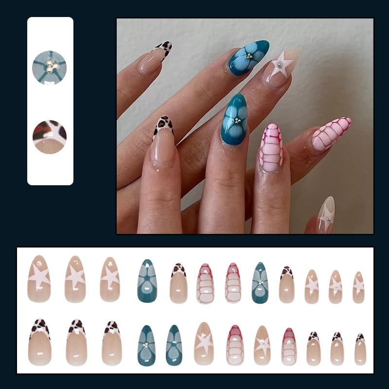 MouyouGlow Press on Nails Short Almond Nude Leopard French Flowers