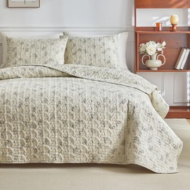 mixinni Beige Floral Queen Size Quilt Bedding Sets with Pillow Shams, Lightweight Soft Bedspread Coverlet Set, Boho Quilted Comforter Bed Cover for All Season-(90"x96", 1 Quilt+ 2 Pillow Shams)