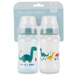 Premium 2-Pack Baby Bottles - 11 Ounce, Hourglass Shape, Fun Boys and Girls Prints, Clear Cover - BPA-Free