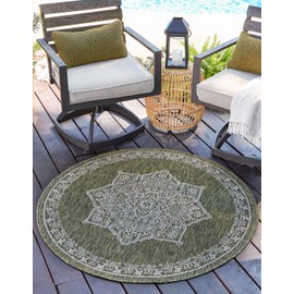 Unique Loom Outdoor Traditional Collection Area Rug - Antique (6' 1" Round Green/Ivory)