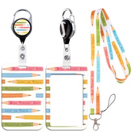 Teacher Lanyard with ID Holder and Cute Retractable Badge Holder Reel Clip, Colorful Sliding Card Badge Cover for Name Tag