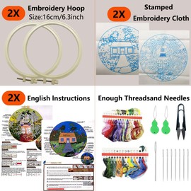 Allazone 2 Sets of Embroidery Set for Beginners, Embroidery Kit for Craft Lovers, 2 Embroidery Cloth with Pattern Templates and Instructions, Embroidery Crafts DIY Art Embroidery Set for Adults