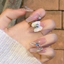 Medium Press on Nails Coffin Fake Nails with Bow Pearls Rhinestones Designs Nude Full Cover Acrylic Nails Press ons Glossy 3D Charm Glue on Nail for Women 24 Pcs