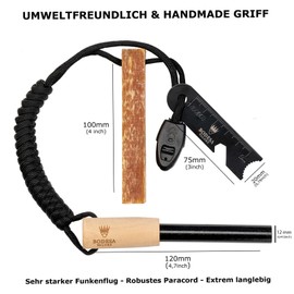 Fire Starter Set: 8, 10 or 12 mm Thick, Up to 15000 Ignitions, Outdoor Fire Steel with Paracord Firewood and Scraper, Flint for Camping, Outdoor, Bushcraft (12 mm Thick)