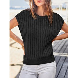 Saodimallsu Womens Summer Crochet Sweater Vest Cap Sleeve Knit Tops Casual Crewneck Sleeveless Sweaters Black