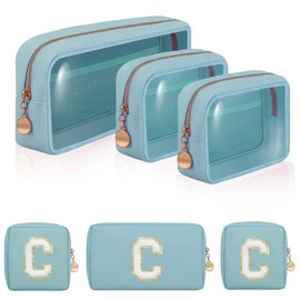 SYNVOGIA Birthday Gifts | Initial Clear Make Up Bag Travel Toiletry Bag Clear Makeup Bag Cosmetic Travel Beach Bag Car Organizer Essentials for Women Men | Gifts for Girlfriend Teacher | 3 Pcs Blue C