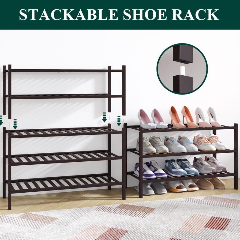 Smiry Bamboo Shoe Rack for Closet, 3 Tier Wooden Stackable
