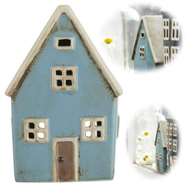 LS-LebenStil Tea Light House 14 cm Blue Brown Ceramic Half-timbered House Light House Tea Light Holder