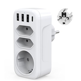 Hoembpn Power Strip 3-Way + 4 USB (3 x USB-A + 1 x USB-C) 16 A 4000 W - Compact Multiple Socket with Schuko & 2 EU Sockets, Double Plug for Home, Office, Travel