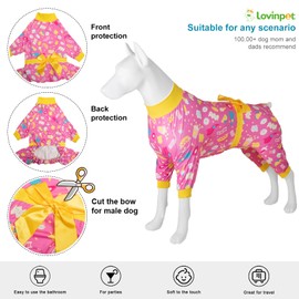 Extra Large Dog Outfit - Uv Protection Tshirt, Anxiety Calming Dog Pajamas, Stretchable 4 Legged Large Dog Jumpsuit, Pink Treats Print, Pajamas for Big Dogs,Large