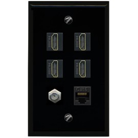 RiteAV 4 Port HDMI 1 Coax Cable TV- F-Type 1 Cat6 Ethernet Wall Plate - Flat [Black/Black]