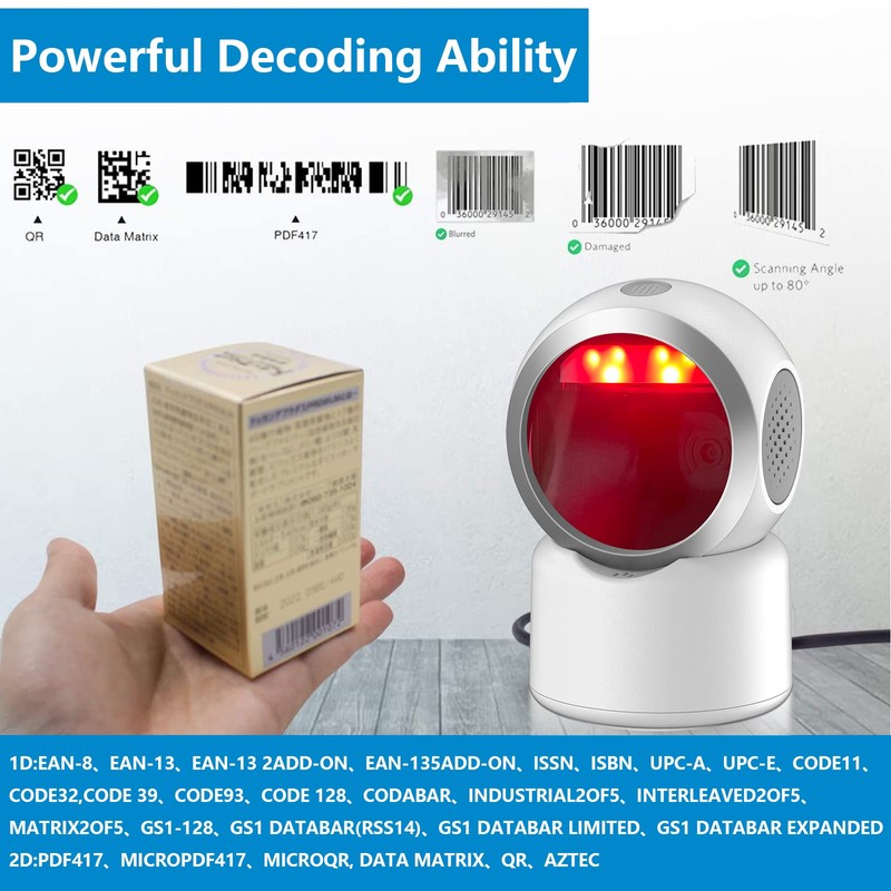 2D QR Barcode Scanner Omnidirectional Hands-Free USB Automatic Barcode Reader