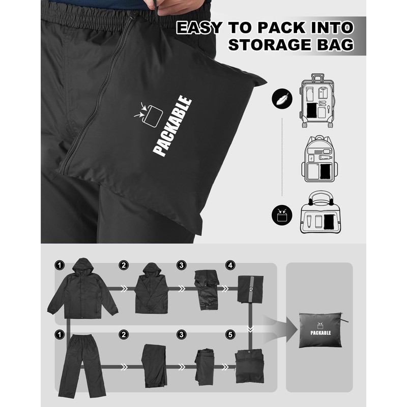 Outdoor Ventures Packable Rain Suit for Men Lightweight Waterproof Breathable