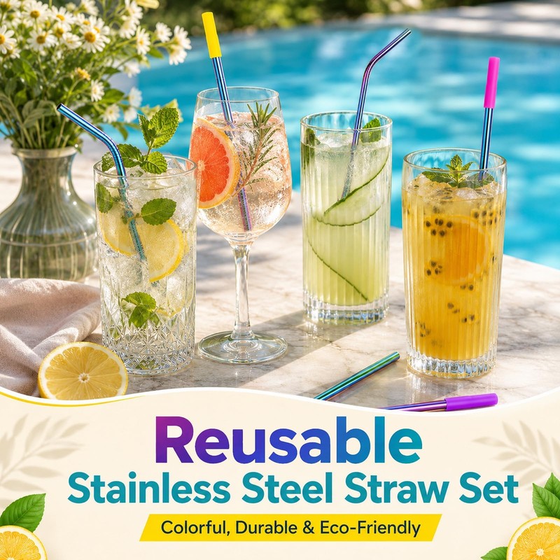 Wosyoodo 12 Pcs Metal Straws, Reusable Stainless Steel Straw Set