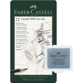 Faber-Castell 119065 – Pencil Castell 9000, Set of 12 Art Set, Contents 8B – 2H, Set mit Knetgummi, Basic assortment 8b - 2h