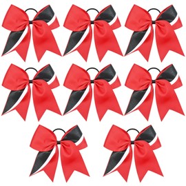 8PCS Cheer Bows Bulk Glitter Cheerleading Bows Girls Hair Bows Red Black Cheer Bows Elastic Band Ponytail Holder for Cheerleaders Teen Girls College Sports Competition