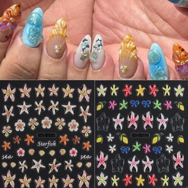 2Pcs Summer Nail Art Stickers 5D Embossed Self-Adhesive Nail Decals Starfish Bow Flower Sea Nail Design Stickers Summer Beach Theme Nails Art Supplies for Women Manicure Decorations