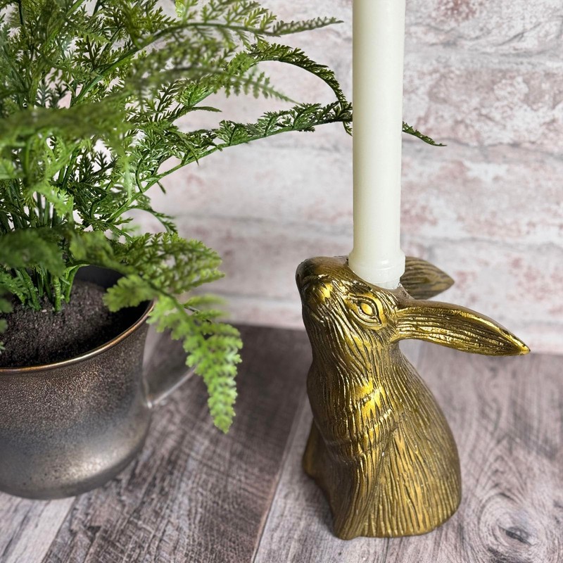 Bunny Rabbit Facing Upward Cast Aluminum Candle Holder with Antique