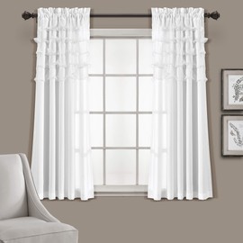 Lush Decor Avery Curtains Ruffled Vintage Chic Style Window Panel Set for Living, Dining Room, Bedroom (Pair), 54"W x 63"L, White