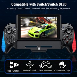 Switch Controller for Switch/Switch OLED, Rechargeable Plug-in Switch Controller, One Piece Ergonomic Grip Switch Controller for Handheld Mode with Turbo,Dual Vibration,6-Axis Motion Control,Red-Blue
