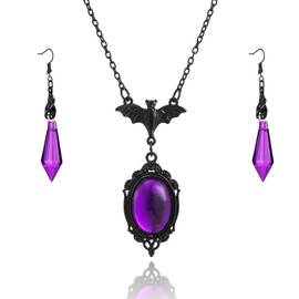 Gothic Bat Necklace Earring Set Victoria Emboss Cameo Pendant Necklace Vintage Red Black Glass Dangle Drop Earrings Gothic Dark Style Vampire Bat Set Halloween Mystic Witch Costume Jewelry (Purple 1)