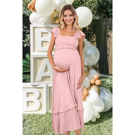 OUGES Womens 2025 Summer Maternity Baby Shower Dress Casual Boho Maxi Smocked Maternity Photoshoot Dresses Ruffle Sleeve Square Neck Gender Reveal Long Dress Pregnancy Must Have Clothes (Pink,L)