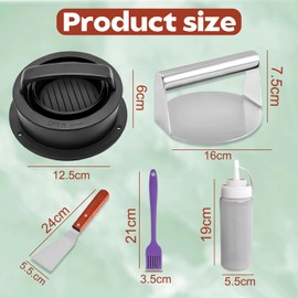 Burger Press, 304 Stainless Steel Smash Burger Press for Griddle with Squeeze Bottles, Hamburger Press, 6.3 Inches Burger Smasher, Meat Press Maker with Spatula & 3 in 1 Hamburger Patty Maker